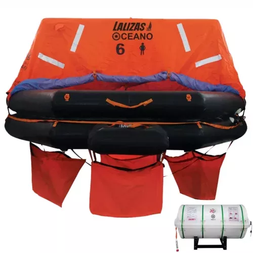 Imagen que muestra la balsa salvavidas SOLAS OCEANO, diseñada para ofrecer máxima seguridad en la navegación, cumpliendo con las normativas internacionales SOLAS.