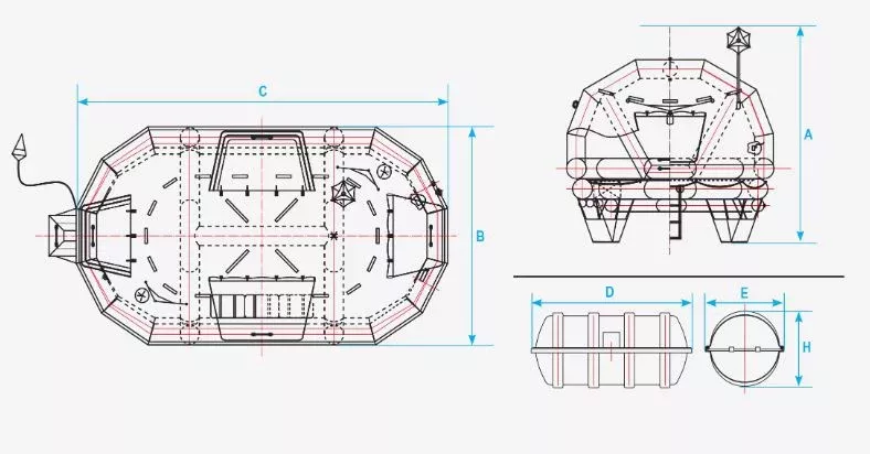 Imagen de la balsa salvavidas LALIZAS SOLAS OCEANO con tecnología autoadrizable, diseñada para garantizar la seguridad en el mar y cumplir con las regulaciones SOLAS.