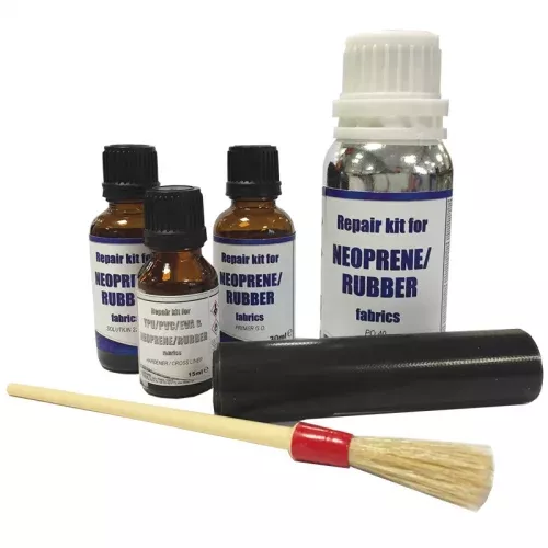 Imagen que muestra el kit de reparación Hercules diseñado para tejidos de neopreno y goma, proporcionando una solución rápida y efectiva para reparaciones en materiales marinos.