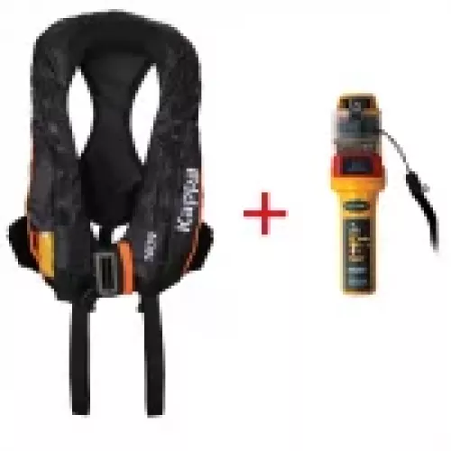 Imagen del chaleco salvavidas inflable Kappa Auto, 180N, con Ocean Signal MOB1, diseñado para proporcionar máxima protección y comunicación en situaciones de rescate marítimo.