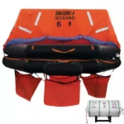 Imagen que muestra la balsa salvavidas SOLAS OCEANO, diseñada para ofrecer máxima seguridad en la navegación, cumpliendo con las normativas internacionales SOLAS.