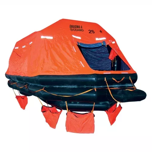 Imagen que muestra la balsa salvavidas LALIZAS SOLAS OCEANO autoadrizable, diseñada para proporcionar una solución de seguridad eficiente y confiable en la navegación marítima.