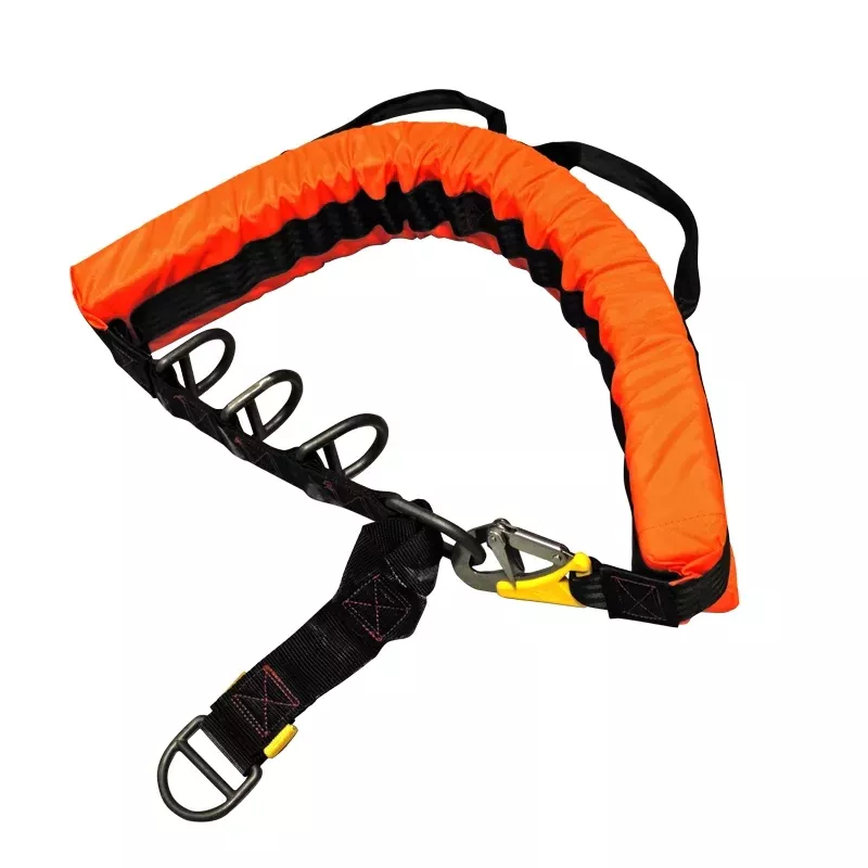 Imagen que muestra la correa de rescate LALIZAS para helicópteros, certificada bajo la normativa EN 1498:2006, Clase A, diseñada para garantizar seguridad en operaciones de rescate aéreo.