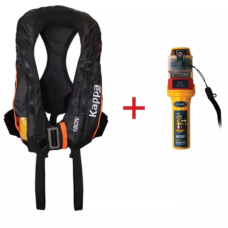 Imagen del chaleco salvavidas inflable Kappa Auto, 180N, con Ocean Signal MOB1, diseñado para proporcionar máxima protección y comunicación en situaciones de rescate marítimo.