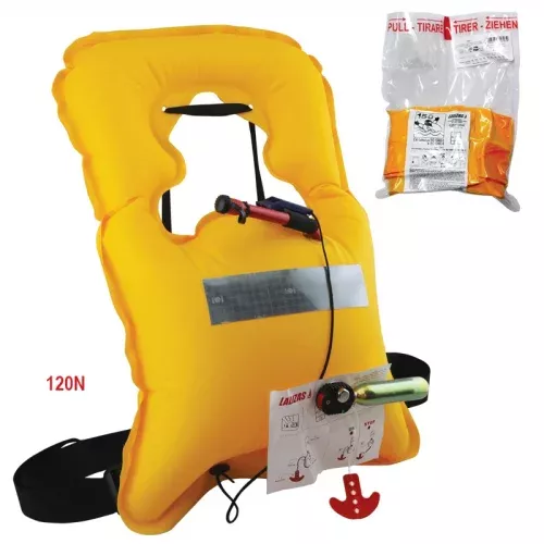 Imagen que muestra el chaleco salvavidas Vita, disponible en 120N y 160N, diseñado para garantizar la seguridad y flotabilidad en entornos marítimos.